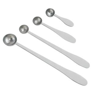 ZEST stainless steel measuring scoops in four sizes with long flat handles on a white background